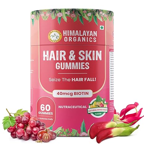 Himalayan Organics Hair & Skin Gummies For Men and Women | 40mcg Biotin From Sesbania Extract With Zinc Vitamin AC E & Folic Acid | Good For Glowing And Youthful Skin - 60 Vegetarian Gummies