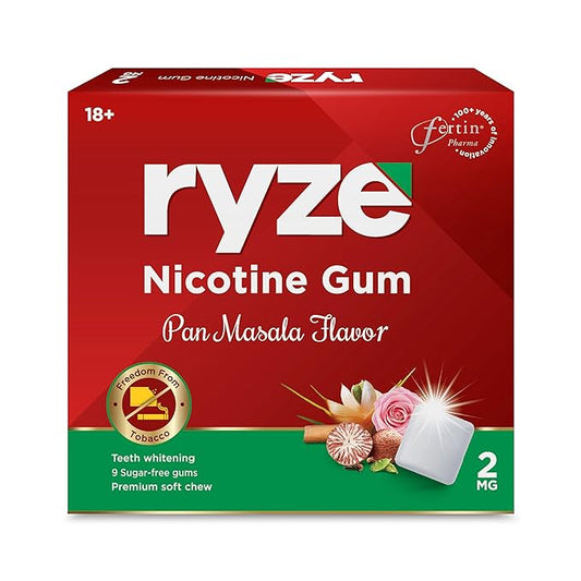 RYZE நிகோடின் கம் 2mg பான் மசாலா சாஃப்ட் மெல்லும் தொண்டையில் சர்க்கரை இலவசம் புகைபிடித்தல் &amp; மெல்லுதல் புகைத்தல் நிறுத்துதல் தலா 9 ஈறுகள்