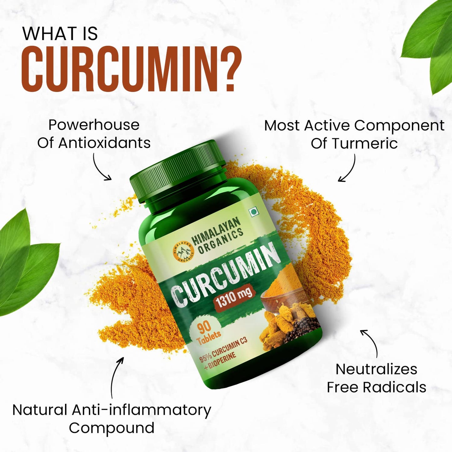 ஹிமாலயன் ஆர்கானிக்ஸ் Curcumin C3 Bioperine 1310Mg Supplement with 95% Curcuminoids | தோல் மற்றும் மூட்டு வலிகளுக்கு நல்லது | சிறந்த உறிஞ்சுதல் | ஆண்களுக்கும் பெண்களுக்கும் நோய் எதிர்ப்பு சக்தியை அதிகரிக்க - 90 வெஜ் மாத்திரைகள்