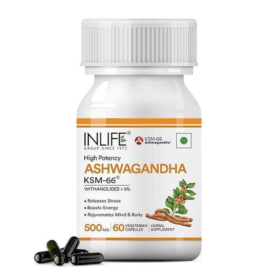 INLIFE Ashwagandha KSM-66 (500 mg)  60 Capsules  Extra Strength Natural Formulation  Supports Strength Energy  Withania Somnifera Extract