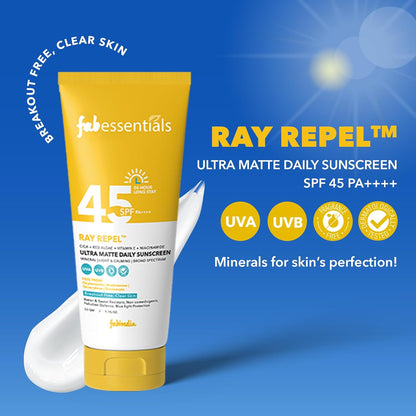 Fabessentials Ultra Matte Daily Sunscreen SPF 45 PA++++  50 gm  High UVA/UVB Protection  Vitamin E  Niacinamide  BroadSpectrum Protection  For All Skin Type  6 Hrs. Sun Protection