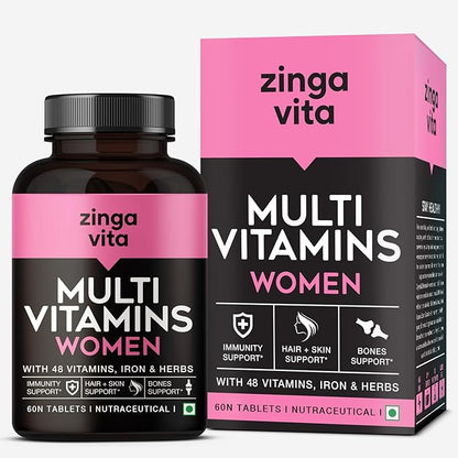 Zingavita Multivitamin Tablets for Women with Biotin Vitamin A Calcium Zinc Magnesium Iron  Herbal Extracts for PMS Support Strong Bones Hair  Immunity  60 Tablets