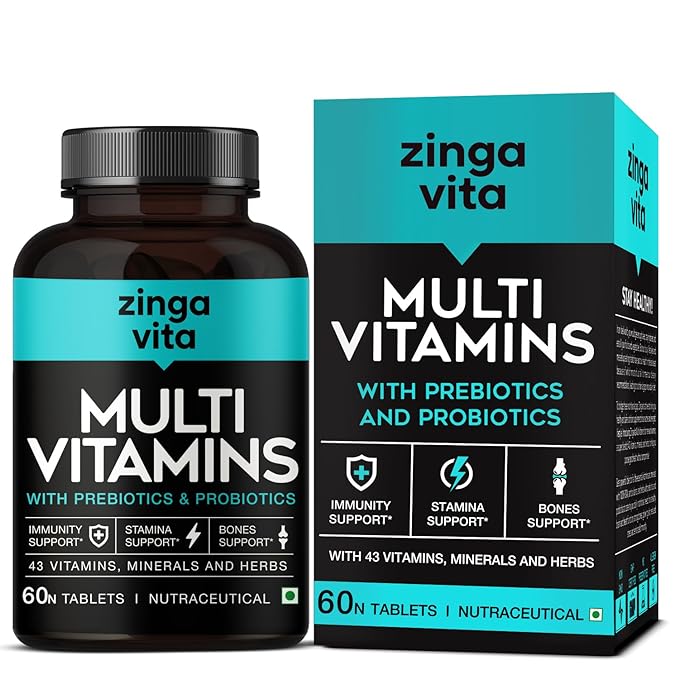 Zingavita Probiotics Prebiotics Multivitamin Tablets with 43 Essential MineralsVitamins CD Zinc Biotin for better Immunity Joint support for Men Women 60 மாத்திரைகள்