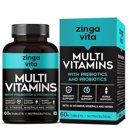 Zingavita Probiotics Prebiotics Multivitamin Tablets with 43 Essential MineralsVitamins CD Zinc Biotin for better Immunity Joint support for Men Women 60 மாத்திரைகள்