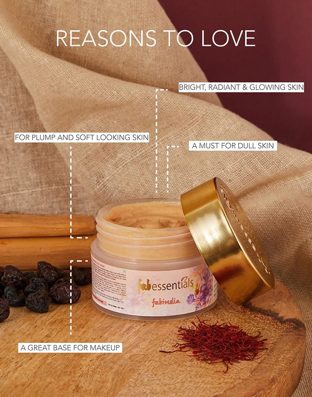 Fabessentials Saffron Sandalwood Face Cream | with Allantoin Kokum Butter Murumuru Seed Butter & Gold Radiance | for Bright Radiant & Glowing Skin | 3-in-1 Day Cream to Moisturise Glow & Prime with One Cream - 50gm