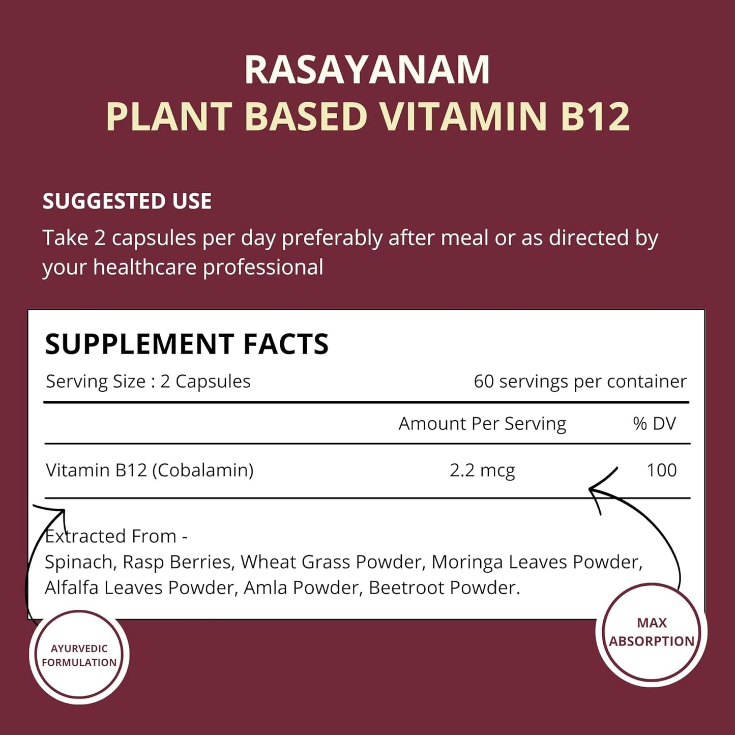 Rasayanam Plant Based Vitamin B12 supplement for Men  Women (120 Capsules)  Organic Formulation for Vegetarians  Vegans to support Nervous System  Brain Function