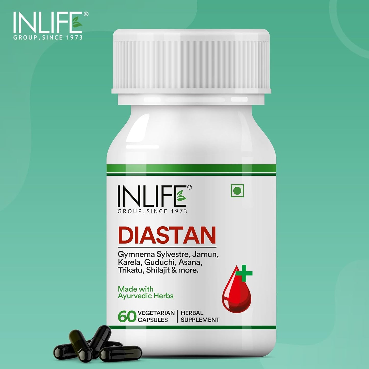 INLIFE Diastan Ayurvedic Herbal Supplement with Gymnema Sylvestre Jamun Karela Guduchi Asana Trikatu and more for Men & Women - 60 Vegetarian Capsules (Pack of 1 60)