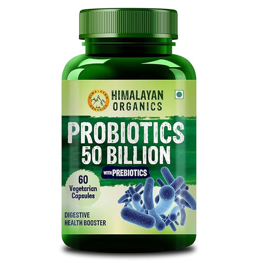 Himalayan Organics Probiotics 50 பில்லியன் CFU 150mg வித் ப்ரீபயாடிக்ஸ் | 10X சிறந்த செரிமானம் மற்றும் வலுவான நோய் எதிர்ப்பு சக்தி | குடல் ஆரோக்கியத்தை மேம்படுத்தவும் - 60 சைவ காப்ஸ்யூல்கள்