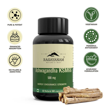 Rasayanam Ashwagandha KSM66 (500 mg)  Extra Strength Natural Formulation  Support strength  energy  Withania Somnifera Extract  60 Vegetarian Capsules