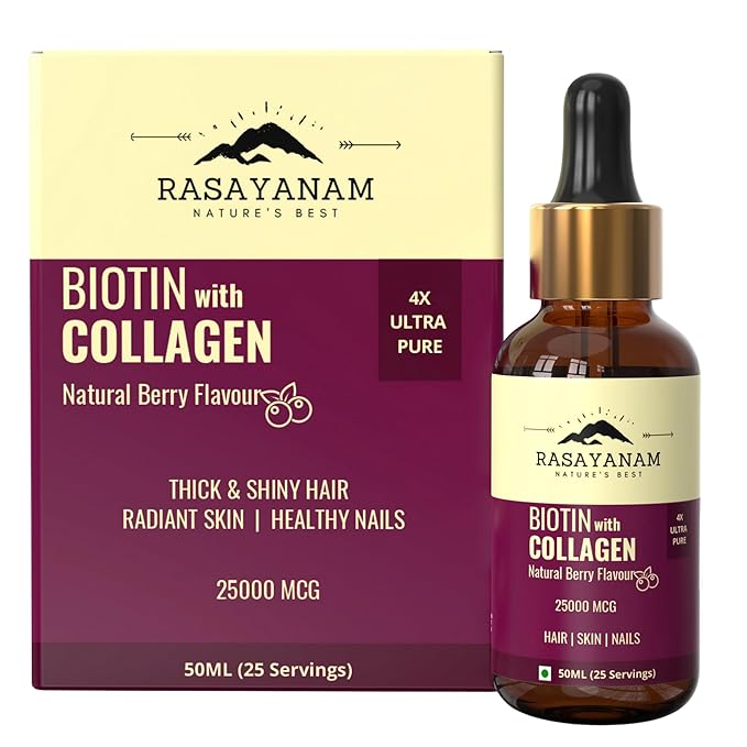 Rasayanam Liquid Biotin  Collagen for Hair Growth 25000mcg (50 ml Berry Flavour)  Supports Hair Growth  Healthy Skin Nails  Stronger Than Tablets  Capsules to reduce hair fall for Men  Women