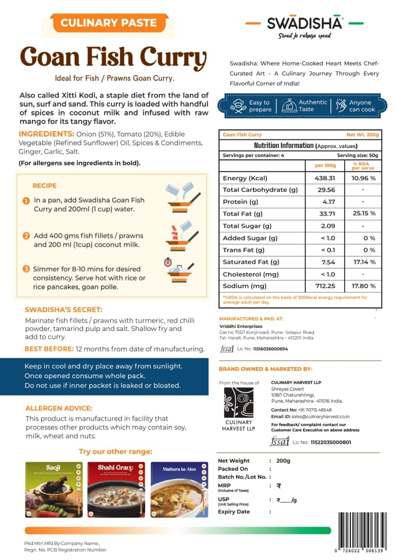 Swadisha Goan Fish Curry Ready To Cook Curry Paste I200gmsIAdd Your Choice Of Cooked Meat or Fish or Vegetables I Authentic TasteColour or Flavour I No Preservatives I Serves 46 I Ready In 15 Mins