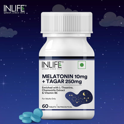 INLIFE Melatonin 10mg with Tagar 250mg  60 Tablets  Enhanced with Vitamin B6 & Chamomile Extract  May Support Restful Sleep Relaxation  Non-Habit Forming  Supports Eye Health