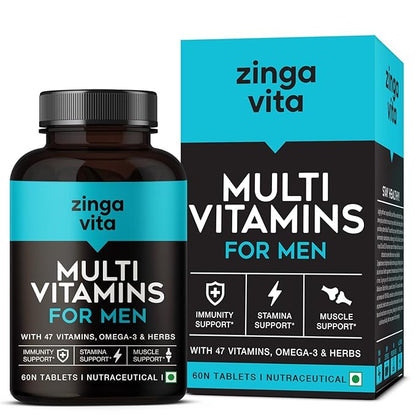 Zingavita Multivitamin Tablets for Men with 47 Essential Vitamins Omega 3 Calcium Zinc  Magnesium Boost Immunity Strengthen Bones  Joints  60 Tablets