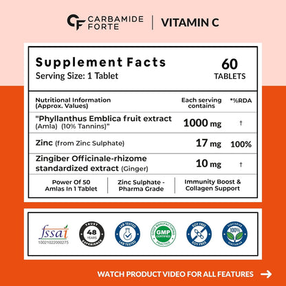 Carbamide Forte Natural Vitamin C Amla Extract 1000mg with Zinc for Immunity Boost & Skincare - 60 Veg Tablets