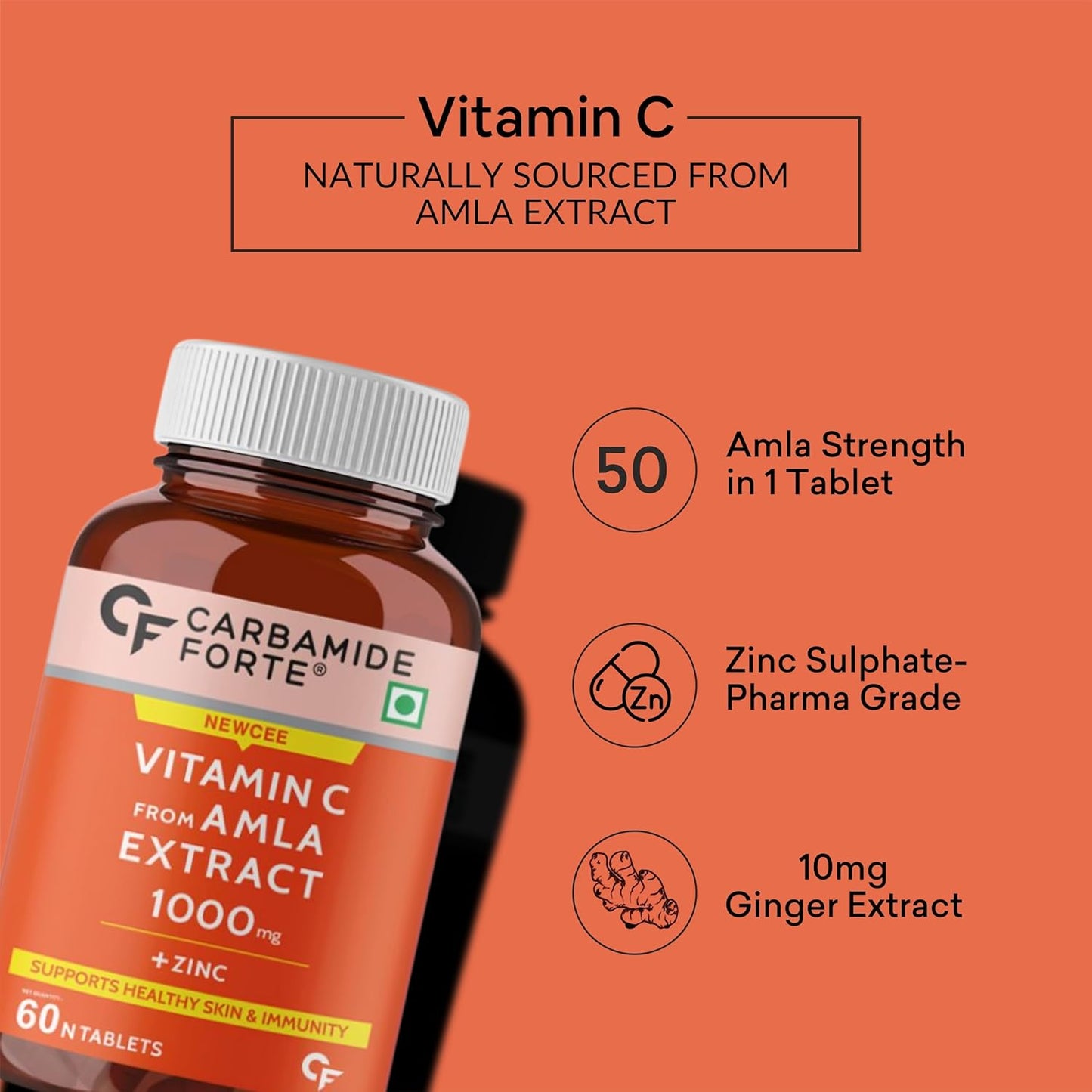 Carbamide Forte Natural Vitamin C Amla Extract 1000mg with Zinc for Immunity Boost & Skincare - 60 Veg Tablets