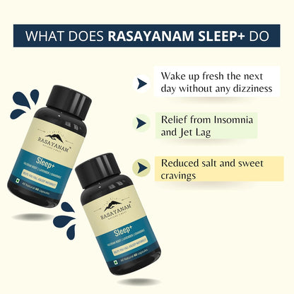 Rasayanam Sleep+ 1000mg  Natural Sleeping Capsules with Valerian Root Lavender Chamomile  Helps calm  blissful sleep  Non habit forming 60 Capsules