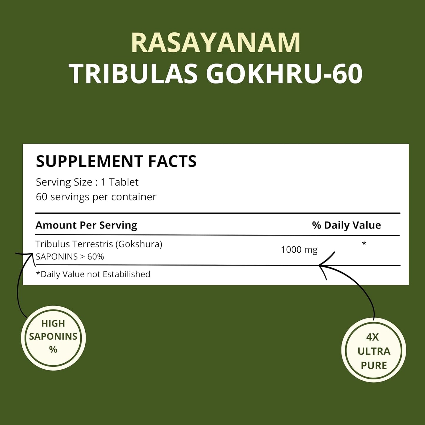 Rasayanam Tribulas Gokhru60 Gokshura Tablets 1000mg  Ultra High Concentrated 60% Saponins  Improves Vigour  Tribulus Terrestris  For both Men  Women (60 Tablets)