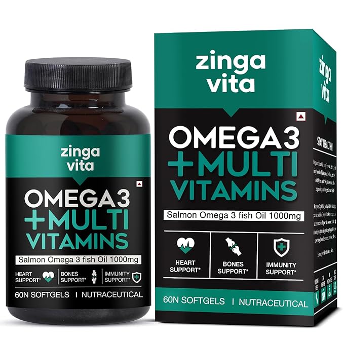 Zingavita Omega 3 Fish Oil 1000mg Capsules with Multivitamin (60 Capsules)  Fish Oil EPA DHA with Ginseng Ashwagandha & 25+ Ingredients for Energy Immunity Heart Bone & Joints Support