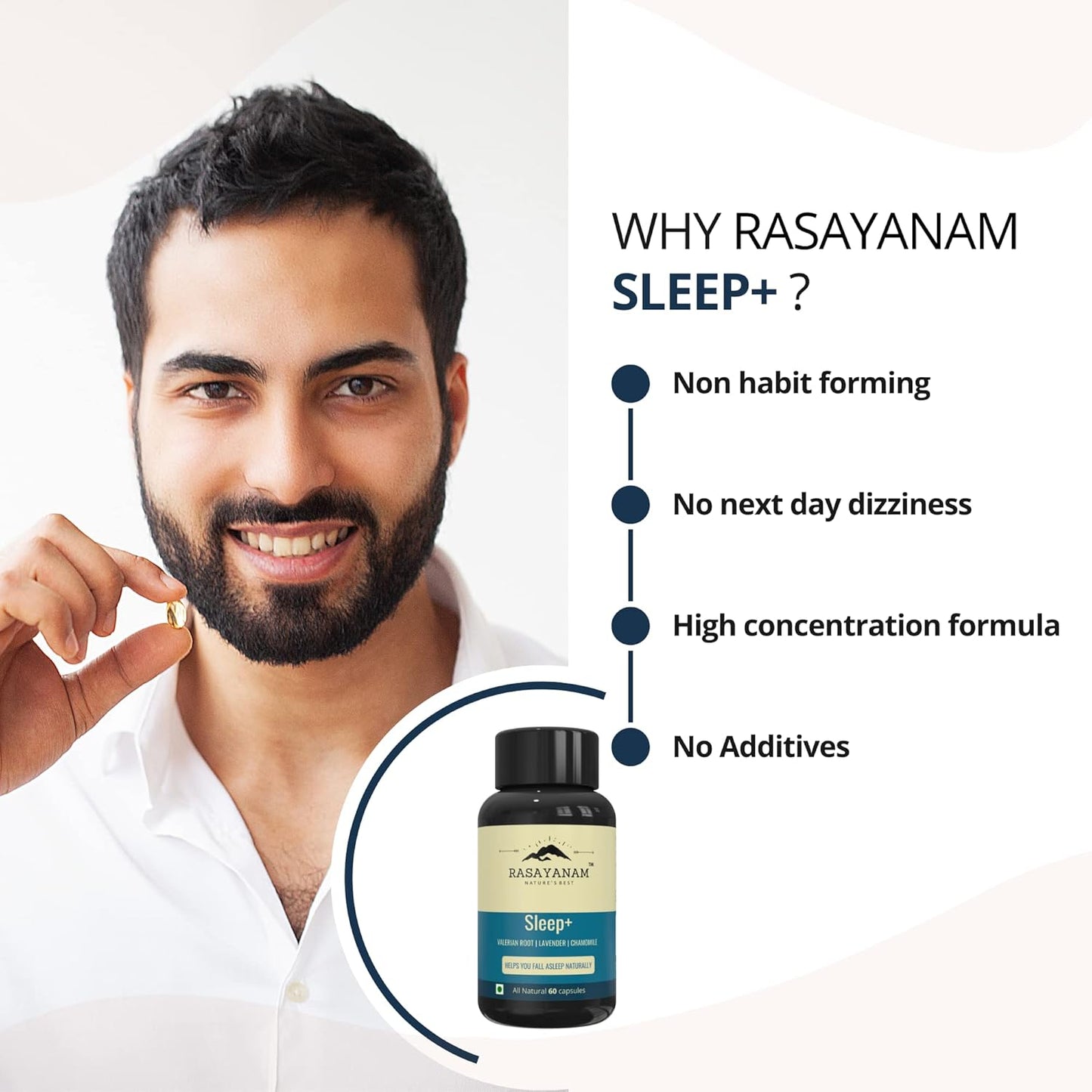 Rasayanam Sleep+ 1000mg  Natural Sleeping Capsules with Valerian Root Lavender Chamomile  Helps calm  blissful sleep  Non habit forming 60 Capsules