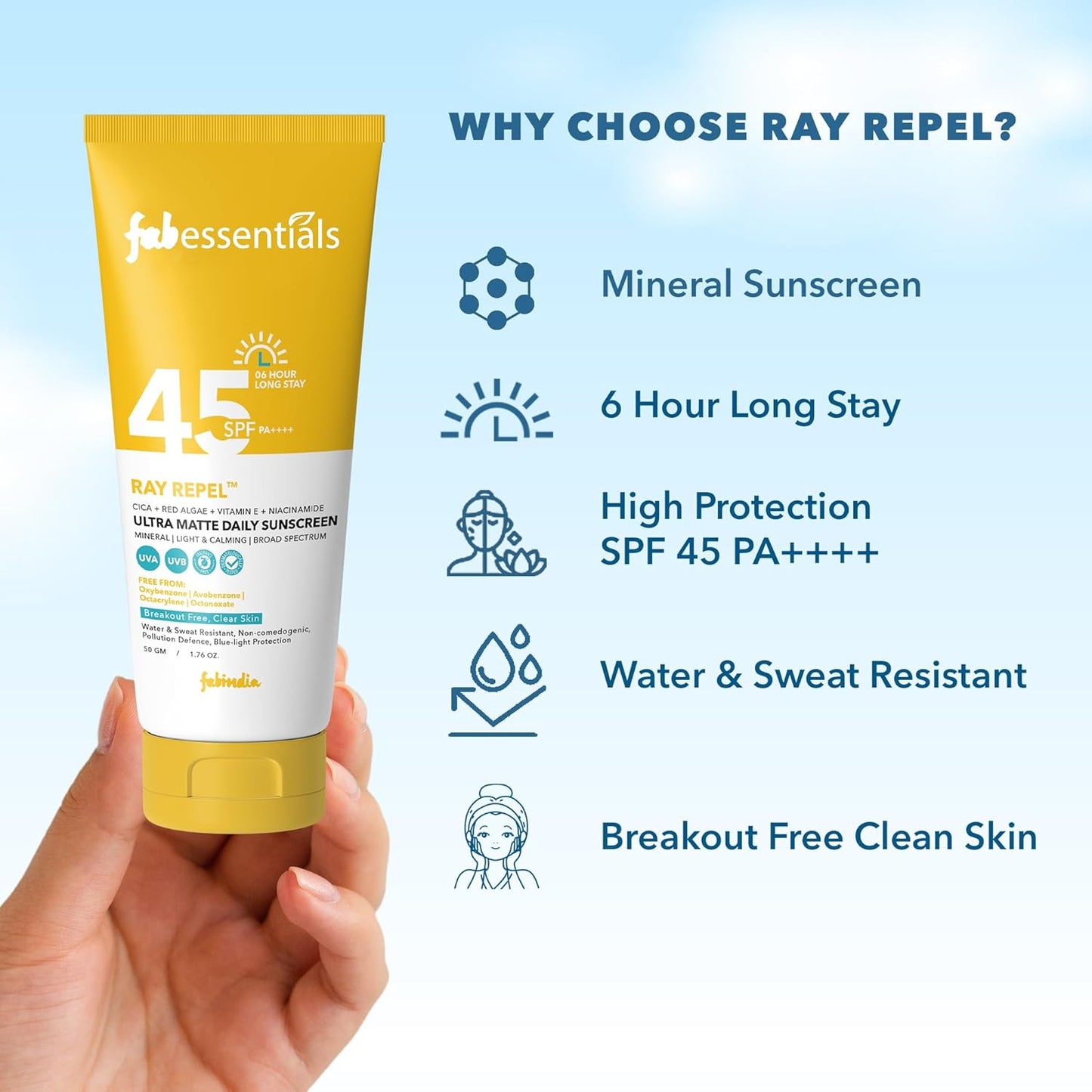 Fabessentials Ultra Matte Daily Sunscreen SPF 45 PA++++  50 gm  High UVA/UVB Protection  Vitamin E  Niacinamide  BroadSpectrum Protection  For All Skin Type  6 Hrs. Sun Protection