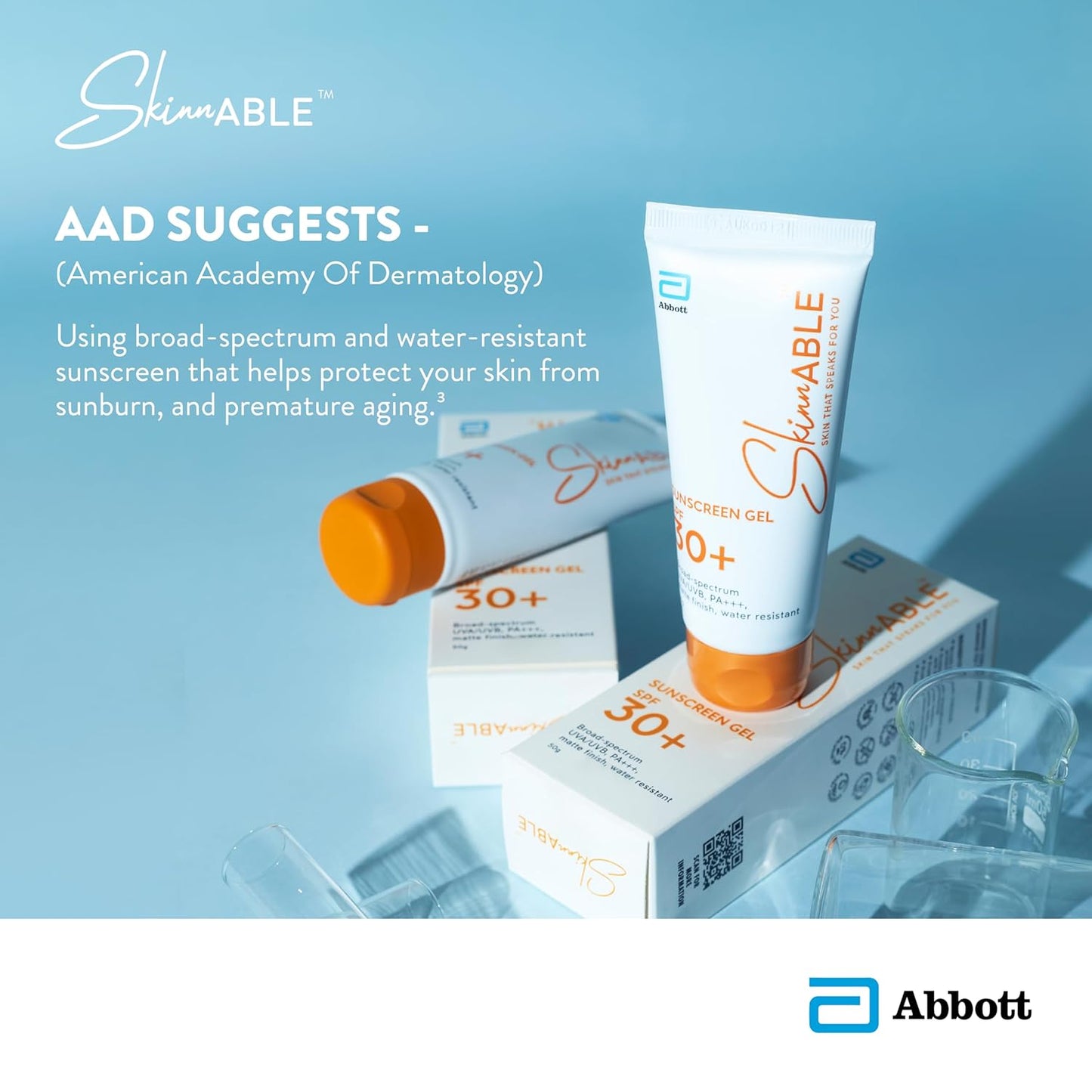 Skinnable Sunscreen Gel SPF 30+ 50 g  Abbotts Skincare  Broad Spectrum UVAUVB Protection PA+++  Matte Finish  Non Whitening  Water Resistant  Non Comedogenic  Paraben Free For Women & Men