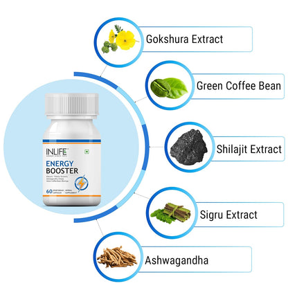 INLIFE Energy Booster Supplement | Shilajit Ashwagandha Tribulus Green Coffee Bean and Moringa | Helps Support Strength & Energy | Herbal Ayurvedic Product - 60 Vegetarian Capsules (Pack of 1 60)