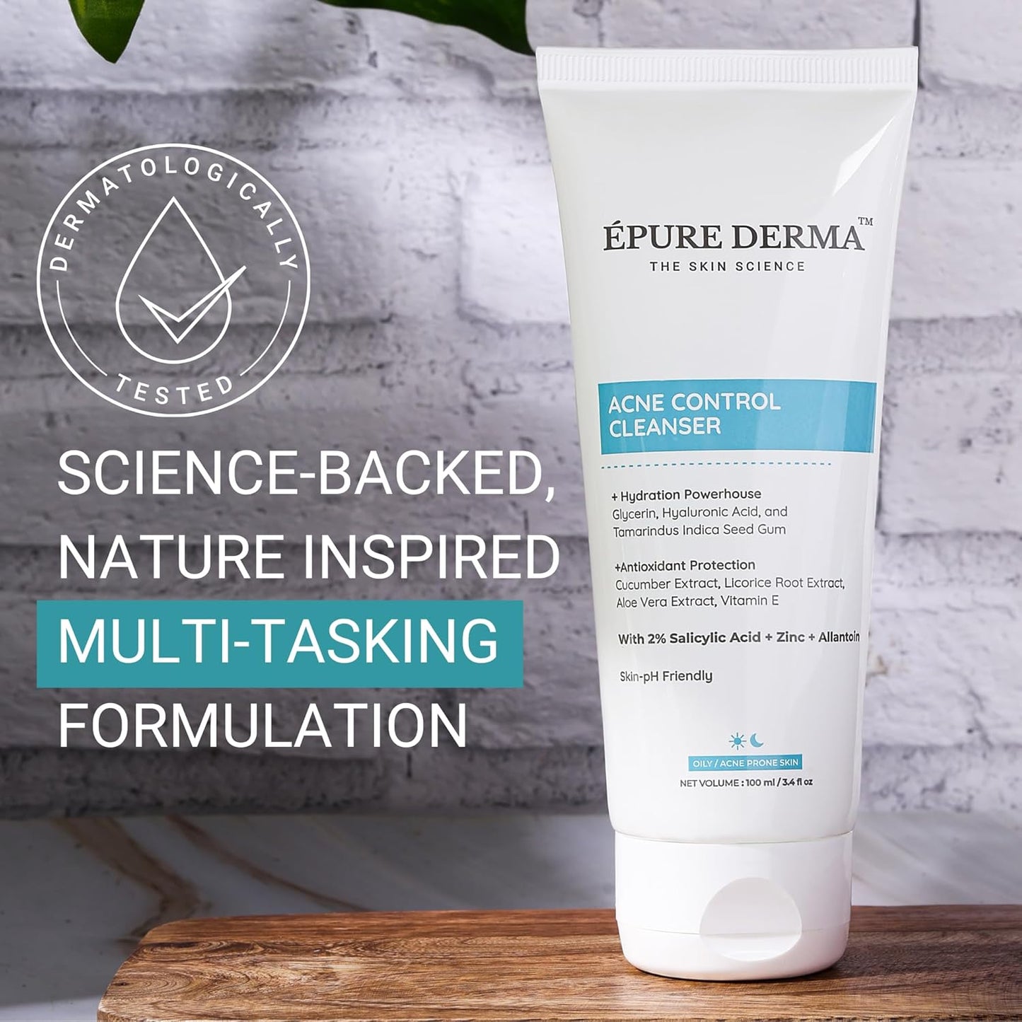 EPURE DERMA Anti Acne Face Cleanser with 2% Salicylic Acid  Zinc  Allantoin For Acne or Pimples  Hydrating Formula & Antioxidant Rich Face Wash For Oily Skin  Men & Women  100 ml