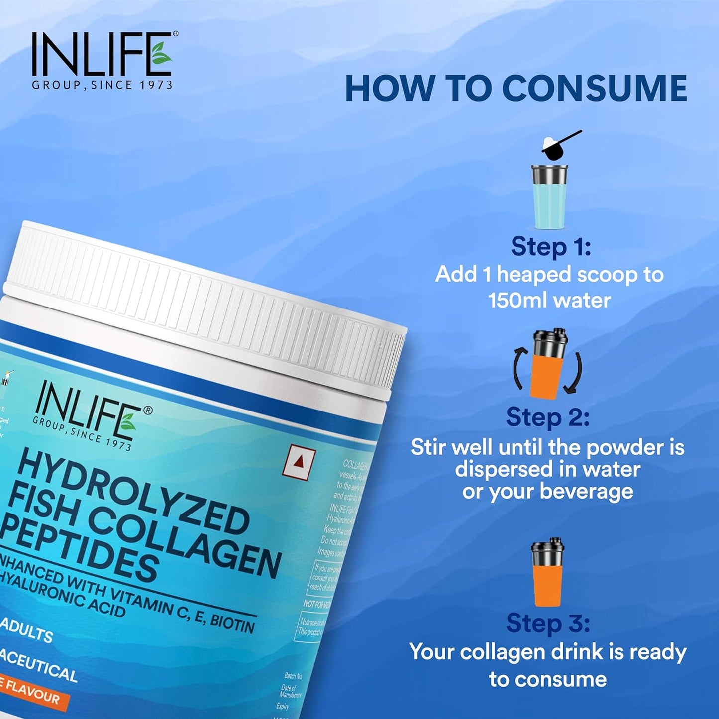 INLIFE Marine Collagen Powder  Fish Collagen Peptides Supplements for Skin  Vitamin E Biotin Hyaluronic Acid  Vitamin C  For Women  Men (200g Orange)