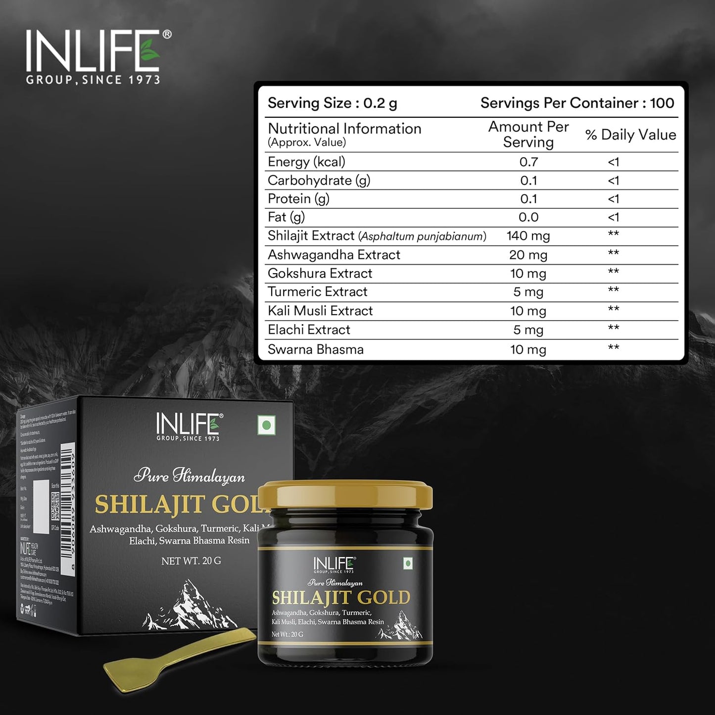 INLIFE Shilajit Gold 20g  Original Himalayan Shilajeet Resin with Ashwagandha Tribulus Turmeric Kali Musli for Strength Endurance  Stamina  75% Fulvic Acid  Lab Tested Ayurvedic Supplement