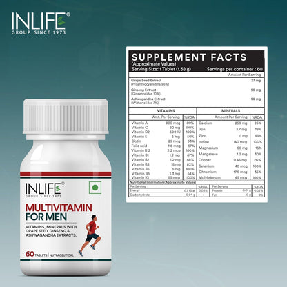 INLIFE Multivitamin Tablets for Men  60 Tablets  Enriched with Zinc Vitamin C Vitamin D3 and Essential Multiminerals  Supports Energy Stamina and Immunity  Supports Overall Health & Wellness