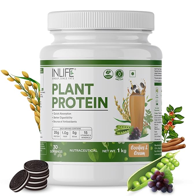 INLIFE Plant Protein Powder  Pea Quinoa & Brown Rice  25g Protein  Ashwagandha Green Tea & Grape Seed Extract  Digestive Enzymes Bodybuilding Supplement (1 kg Cookies & Cream)