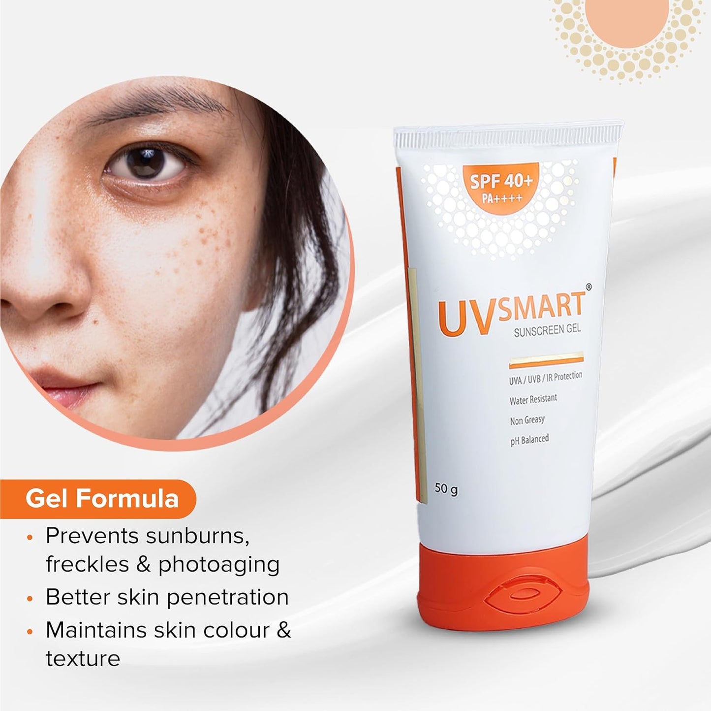 UVSmart SPF 40 Sunscreen Gel PA UVA UVB &amp; IR பாதுகாப்பு pH சமப்படுத்தப்பட்ட SLS &amp; paraben இலவச சன்ஸ்கிரீன் 50g பேக்