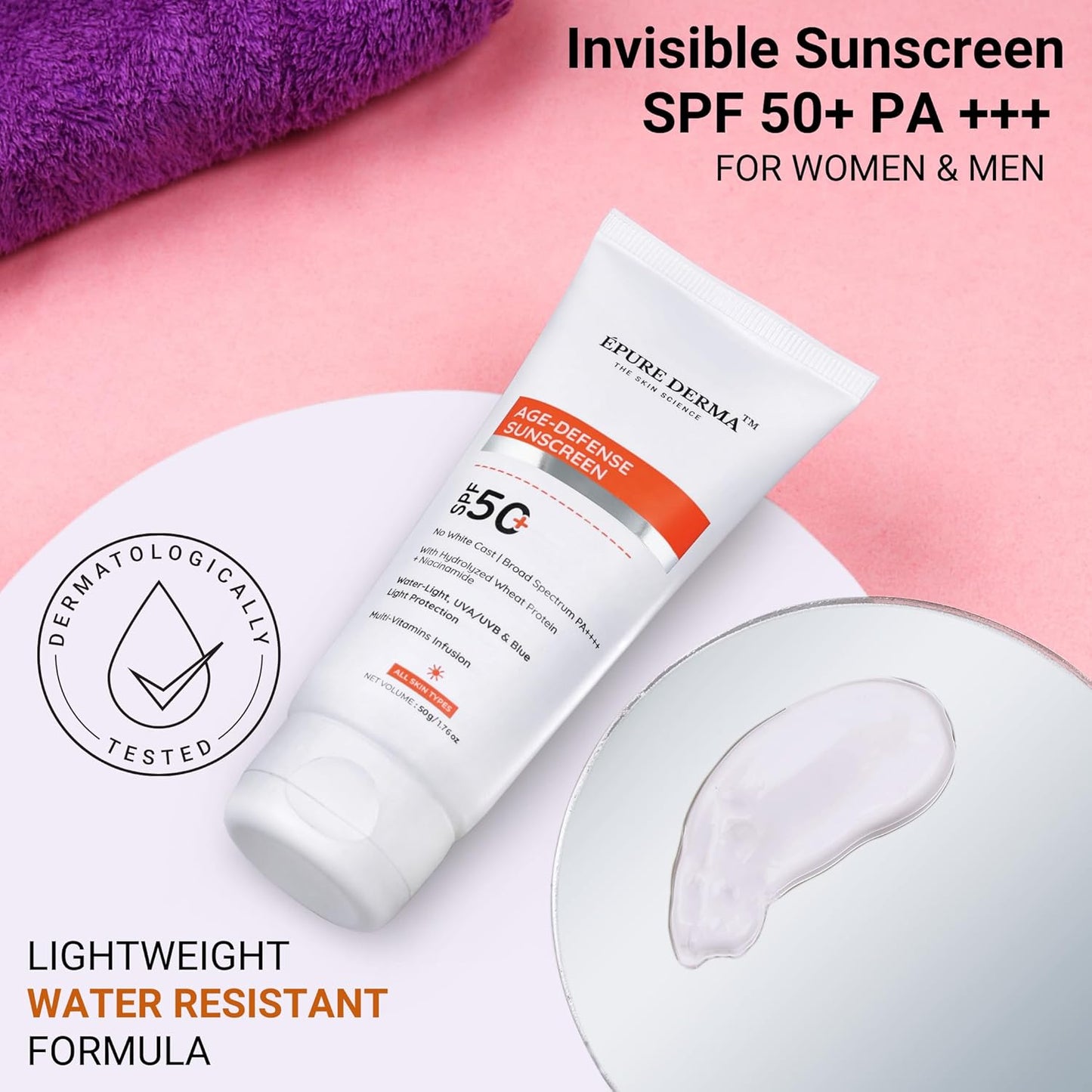 EPURE DERMA AgeEDefense Sunscreen SPF 50  WaterELight UVAEUVB & Blue Light Protection  MultiEVitamins Infusion  No White Cast  Broad Spectrum PA  50g E 1.7 fl oz