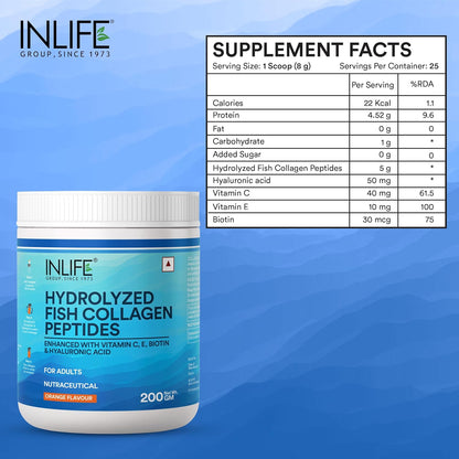 INLIFE Marine Collagen Powder  Fish Collagen Peptides Supplements for Skin  Vitamin E Biotin Hyaluronic Acid  Vitamin C  For Women  Men (200g Orange)