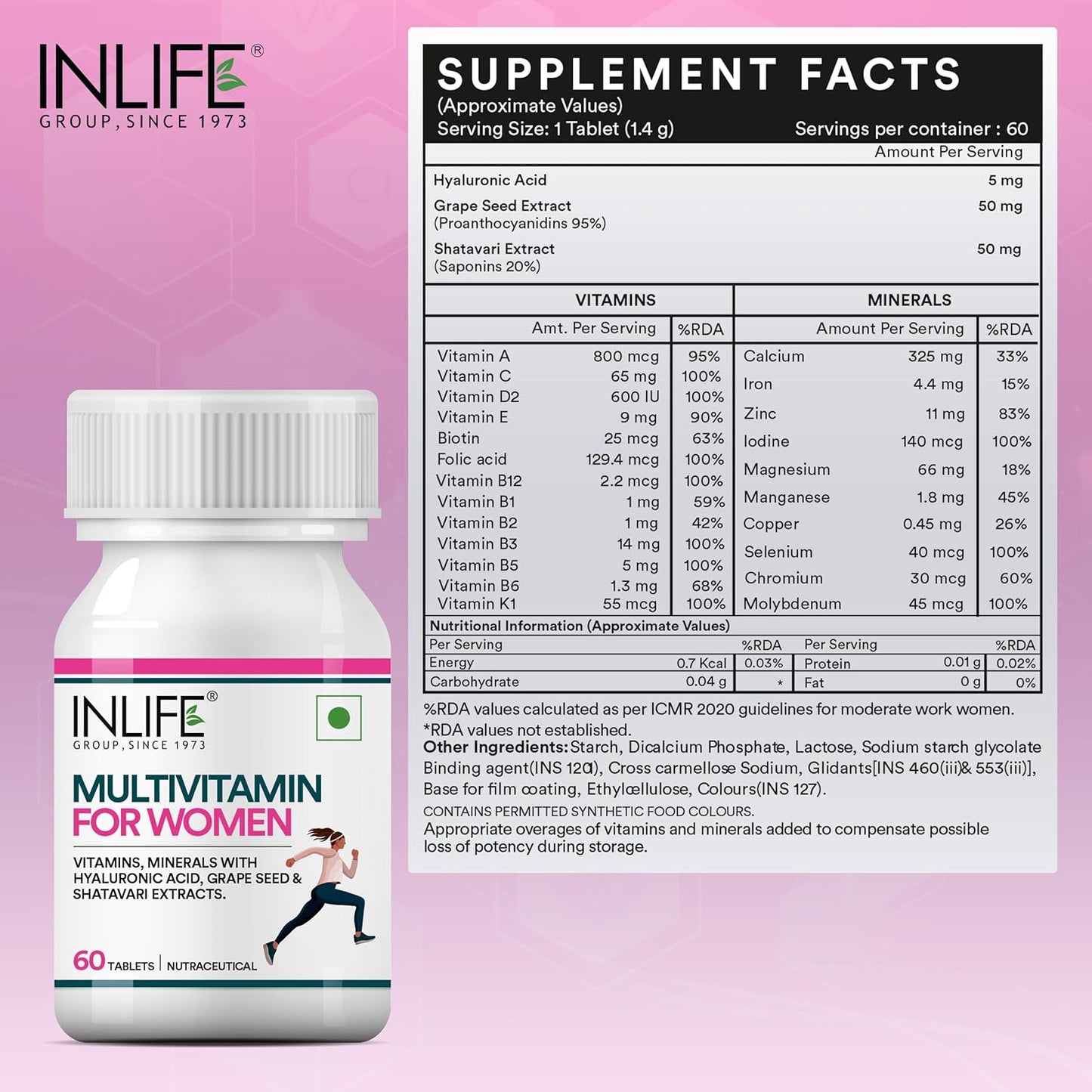 INLIFE Women's Multivitamin Tablets  60 Tablets  Enriched with Zinc Vitamin C Vitamin D and Essential Multiminerals  Supports Immunity and Energy Levels