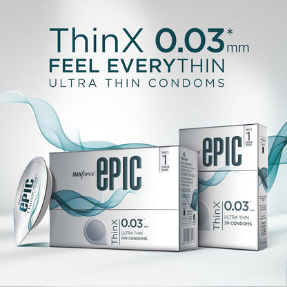 ஆண்களுக்கான MANFORCE Epic Thinx Condoms| 0.03 மிமீ தடிமன் கொண்ட அல்ட்ரா தின் | 10 கவுண்ட் ஆணுறை (10 தாள்கள்)