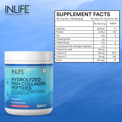 INLIFE Marine Collagen Powder  Fish Collagen Peptides Supplements for Skin  Vitamin E Biotin Hyaluronic Acid  Vitamin C  For Women  Men (Watermelon 200g)