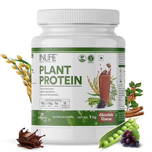 INLIFE Plant Protein Powder  Pea Quinoa & Brown Rice  25g Protein  Ashwagandha Green Tea & Grape Seed Extract  Digestive Enzymes Bodybuilding Supplement (1 kg Chocolate)