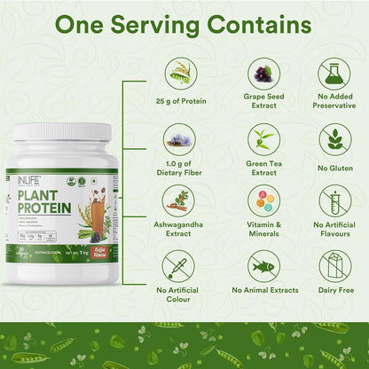 INLIFE Plant Protein Powder  Pea Quinoa & Brown Rice  25g Protein  Ashwagandha Green Tea & Grape Seed Extract  Digestive Enzymes Bodybuilding Supplement (1 kg Coffee)