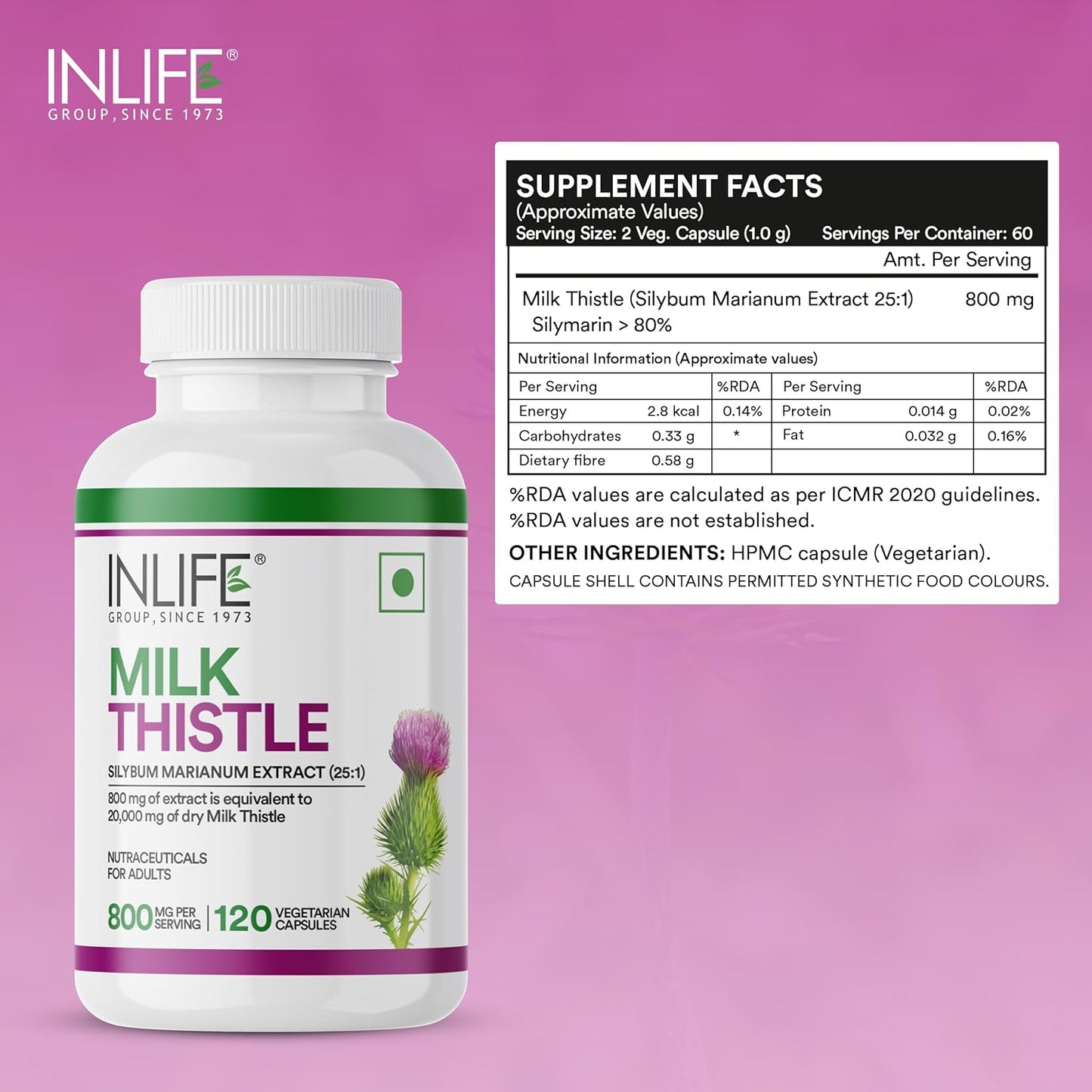 INLIFE Milk Thistle Extract 800mg | 80% Silymarin Liver Support Supplement - 120 Vegetarian Capsules