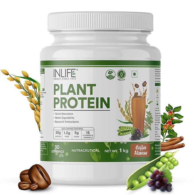 INLIFE Plant Protein Powder  Pea Quinoa & Brown Rice  25g Protein  Ashwagandha Green Tea & Grape Seed Extract  Digestive Enzymes Bodybuilding Supplement (1 kg Coffee)