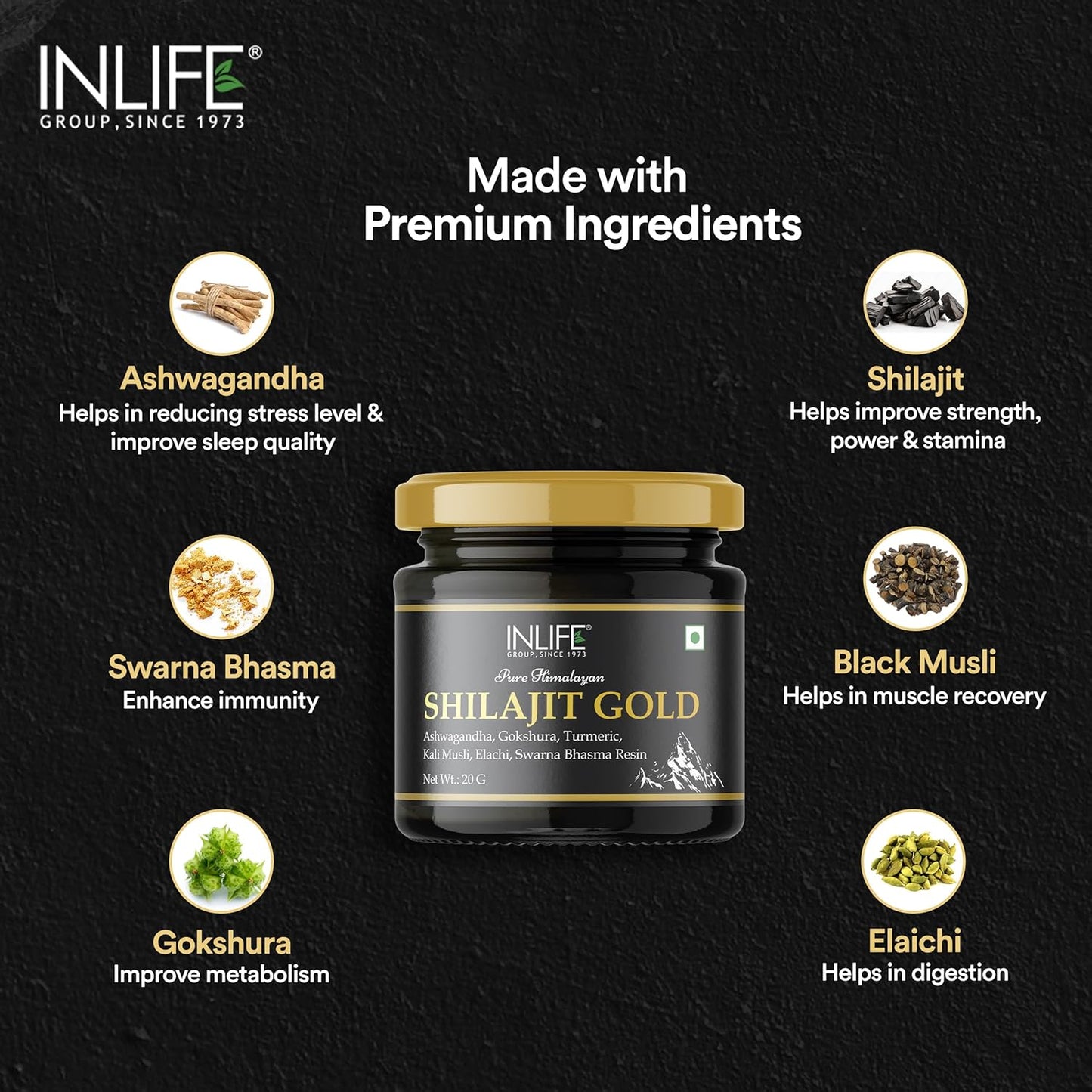 INLIFE Shilajit Gold 20g  Original Himalayan Shilajeet Resin with Ashwagandha Tribulus Turmeric Kali Musli for Strength Endurance  Stamina  75% Fulvic Acid  Lab Tested Ayurvedic Supplement