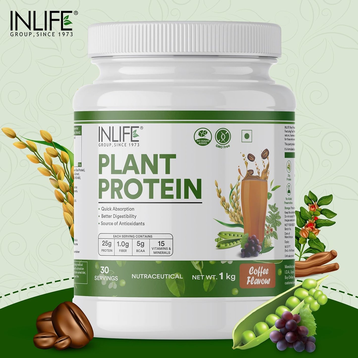 INLIFE Plant Protein Powder  Pea Quinoa & Brown Rice  25g Protein  Ashwagandha Green Tea & Grape Seed Extract  Digestive Enzymes Bodybuilding Supplement (1 kg Coffee)