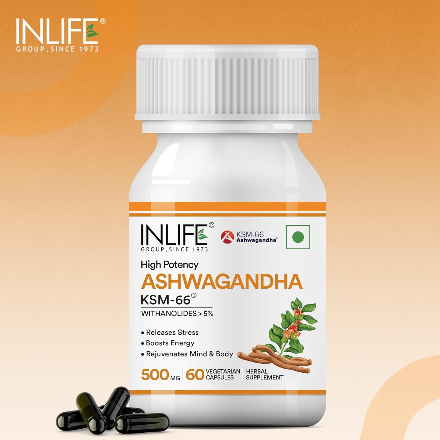 INLIFE Ashwagandha KSM-66 (500 mg)  60 Capsules  Extra Strength Natural Formulation  Supports Strength Energy  Withania Somnifera Extract