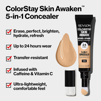 Revlon ColorStay Skin Awaken 5-in-1 Concealer Lightweight Creamy Longlasting Face Makeup with Caffeine & Vitamin C For Imperfections Dark Circles & Redness 001 Universal Neutralizer 8 ml