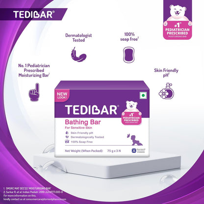 Tedibar Moisturising Baby Bathing Bar 75gx3(Pack of 1) with Skin Friendly PH|100% Soap Free|Dermatologically Tested and No. 1* Pediatrician Prescribed Moisturising Bar - By Torrent Pharma