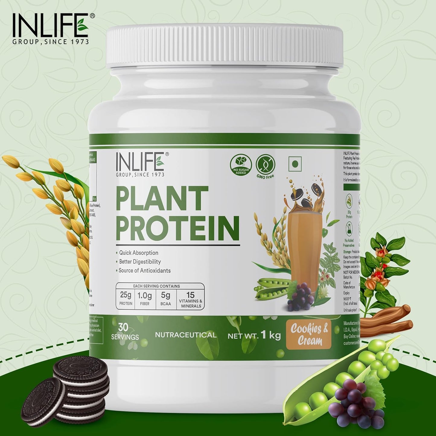 INLIFE Plant Protein Powder  Pea Quinoa & Brown Rice  25g Protein  Ashwagandha Green Tea & Grape Seed Extract  Digestive Enzymes Bodybuilding Supplement (1 kg Cookies & Cream)