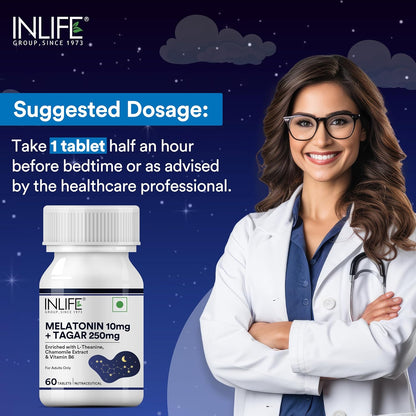 INLIFE Melatonin 10mg with Tagar 250mg  60 Tablets  Enhanced with Vitamin B6 & Chamomile Extract  May Support Restful Sleep Relaxation  Non-Habit Forming  Supports Eye Health