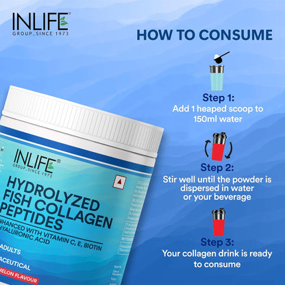 INLIFE Marine Collagen Powder  Fish Collagen Peptides Supplements for Skin  Vitamin E Biotin Hyaluronic Acid  Vitamin C  For Women  Men (Watermelon 200g)