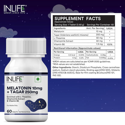 INLIFE Melatonin 10mg with Tagar 250mg  60 Tablets  Enhanced with Vitamin B6 & Chamomile Extract  May Support Restful Sleep Relaxation  Non-Habit Forming  Supports Eye Health